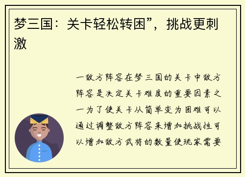 梦三国：关卡轻松转困”，挑战更刺激
